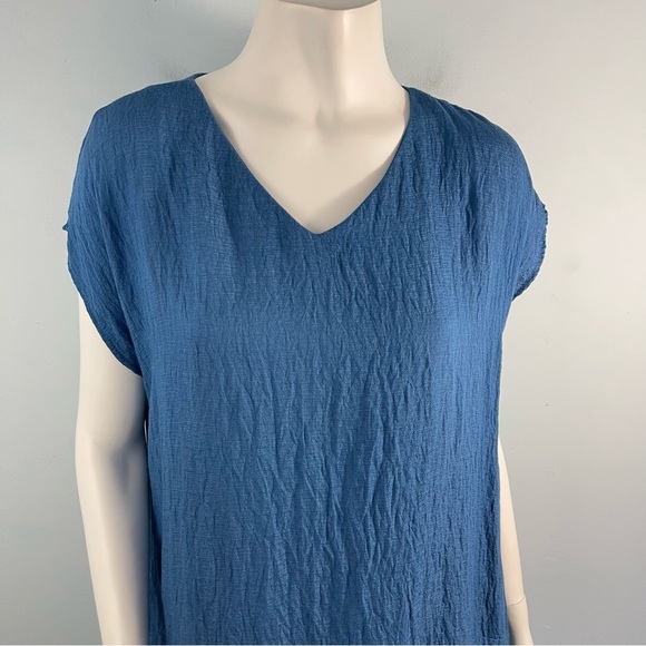 Tusso Crinkle Short Sleeves Kaftan Midi Dress Pockets Blue 2 / M Lagenlook Flowy - Picture 3 of 12